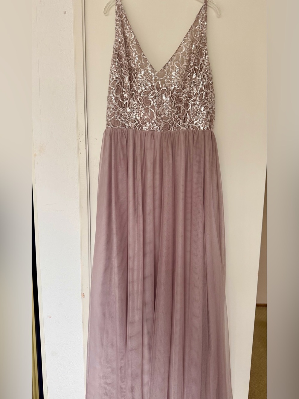 Mauve Lace Sequin V-Neck Tulle Maxi Dress